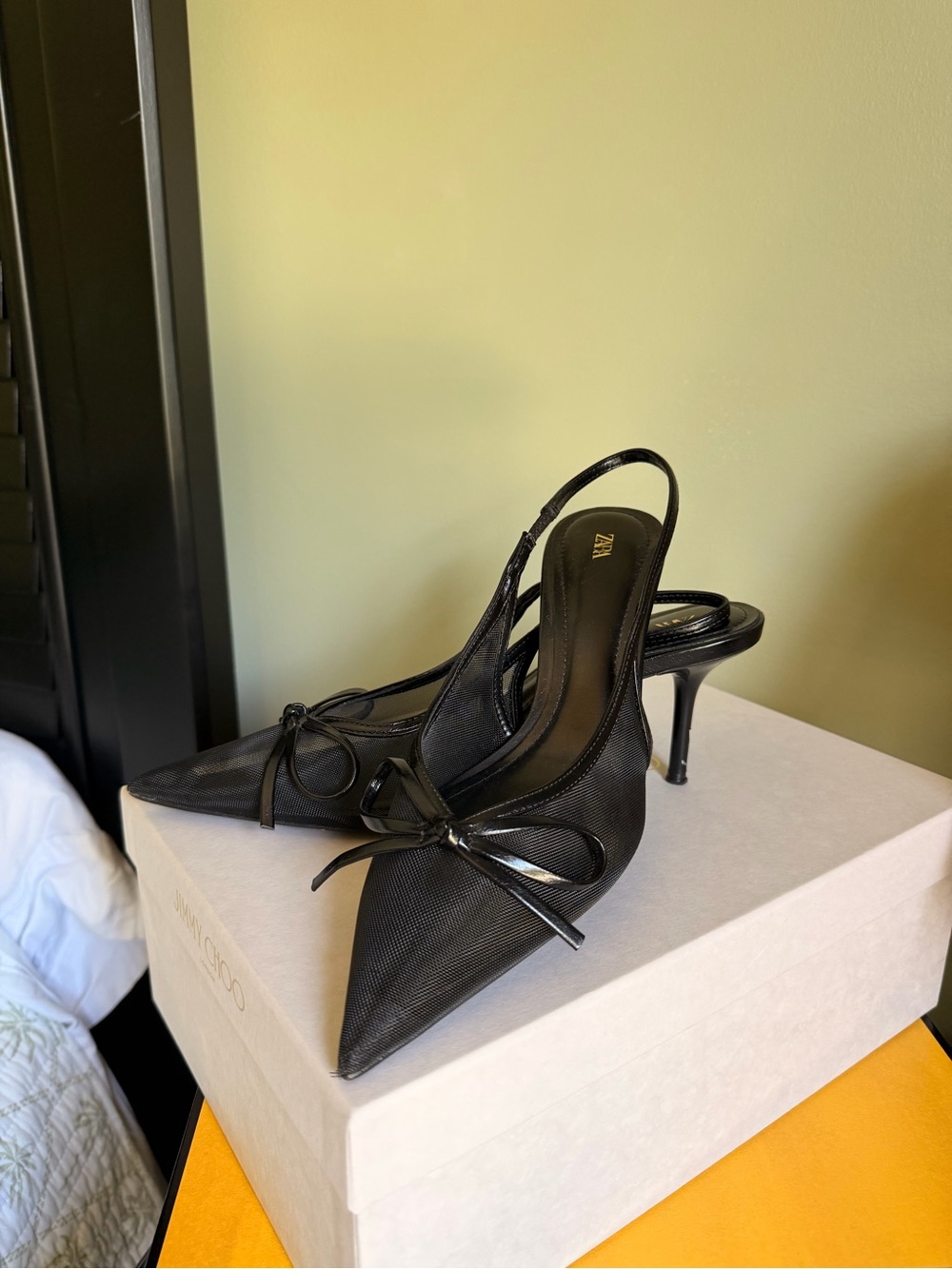 Zara Black Mesh Pointed-Toe Slingback Heels with Bow